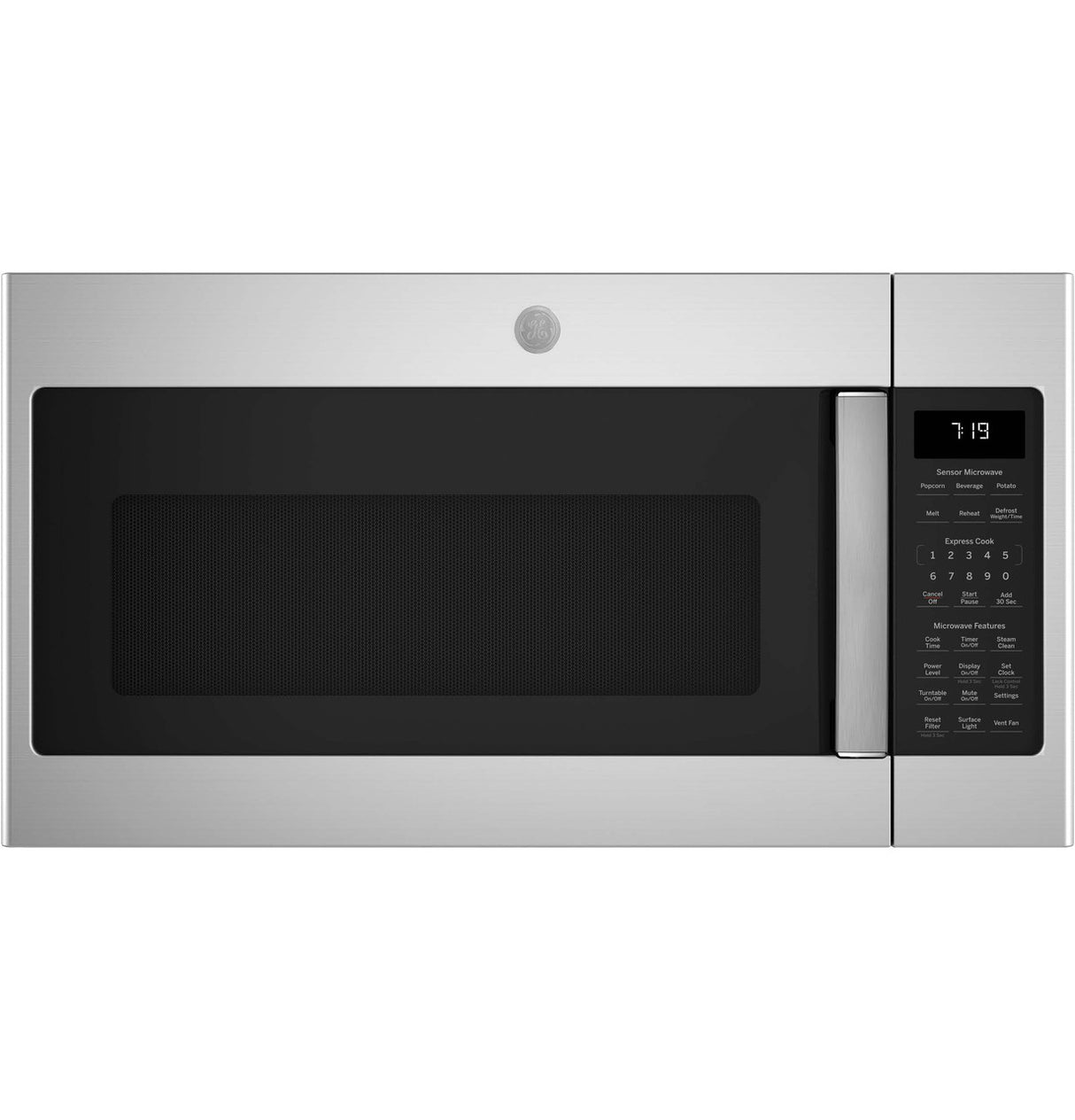 GE JVM7195RWSS stainless steel over-the-range microwave front view