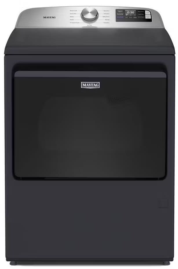 Maytag MED6205RF smart electric top load dryer front view Midnight Steel