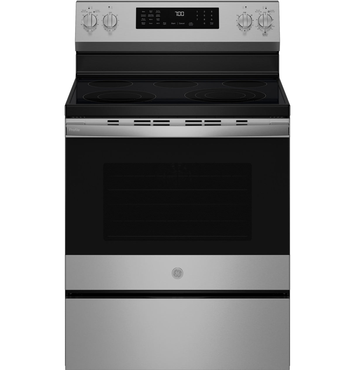 GE Profile PRF700AYFS electric range angled view