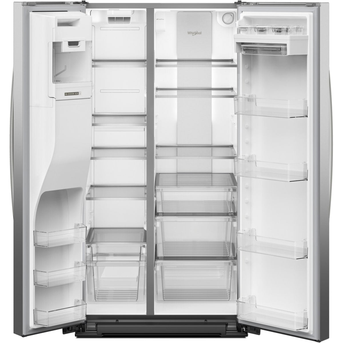 Whirlpool WRSF6536RZ 36 in. Side-by-Side Refrigerator, 28 cu. ft. - interior shelving with doors open | Varouj Appliances