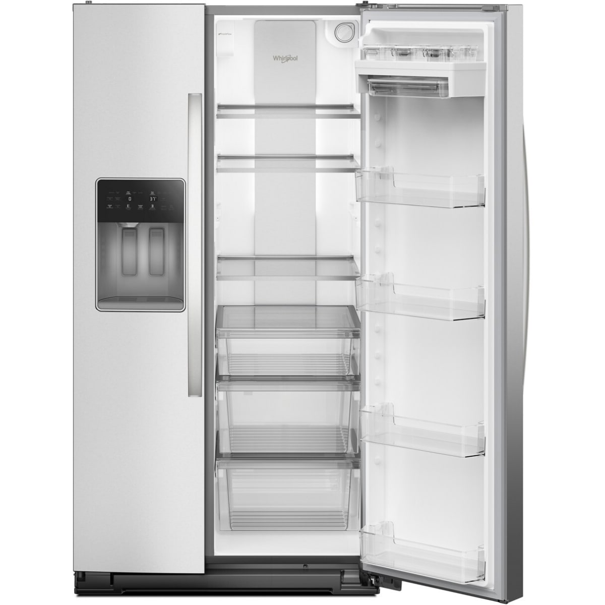 Whirlpool WRSF6536RZ 36 in. Side-by-Side Refrigerator, 28 cu. ft. - shown with doors open | Varouj Appliances