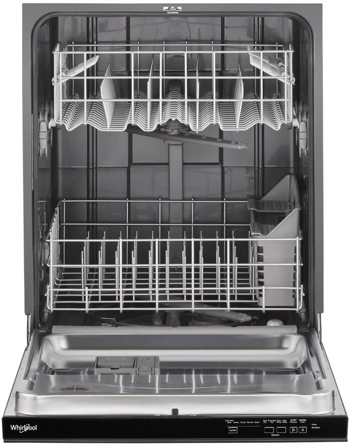 Whirlpool WDP540HAMB black dishwasher open with racks