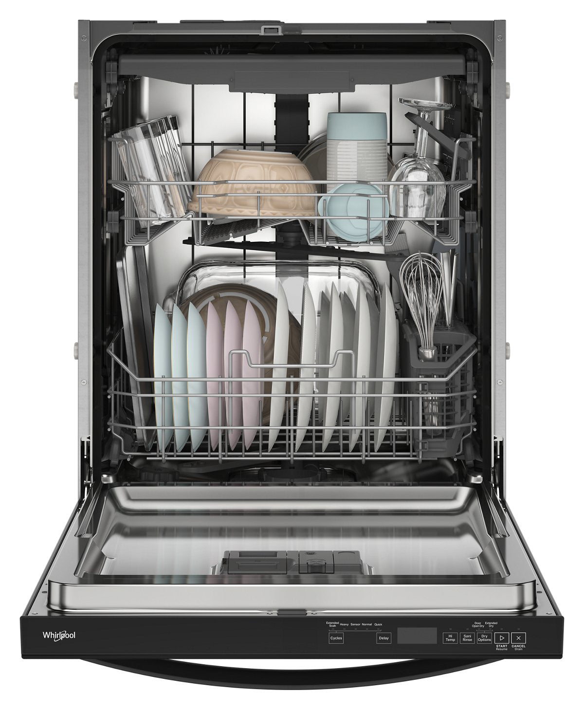 Whirlpool WDT550SAPB black dishwasher open with racks