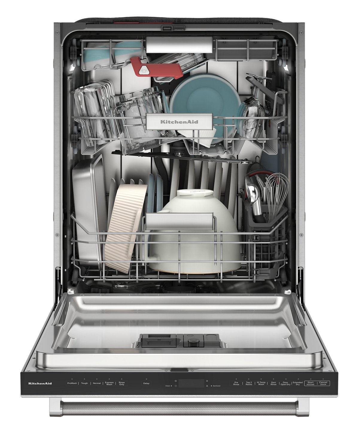 KitchenAid KDTF924PPS dishwasher open with racks