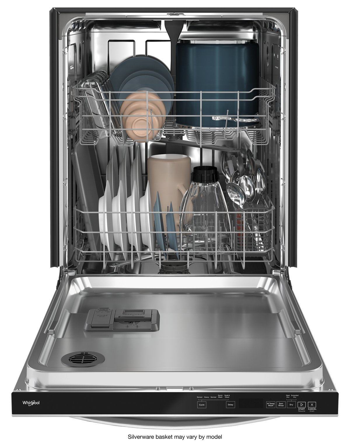 Whirlpool WDT740SALZ dishwasher open with racks