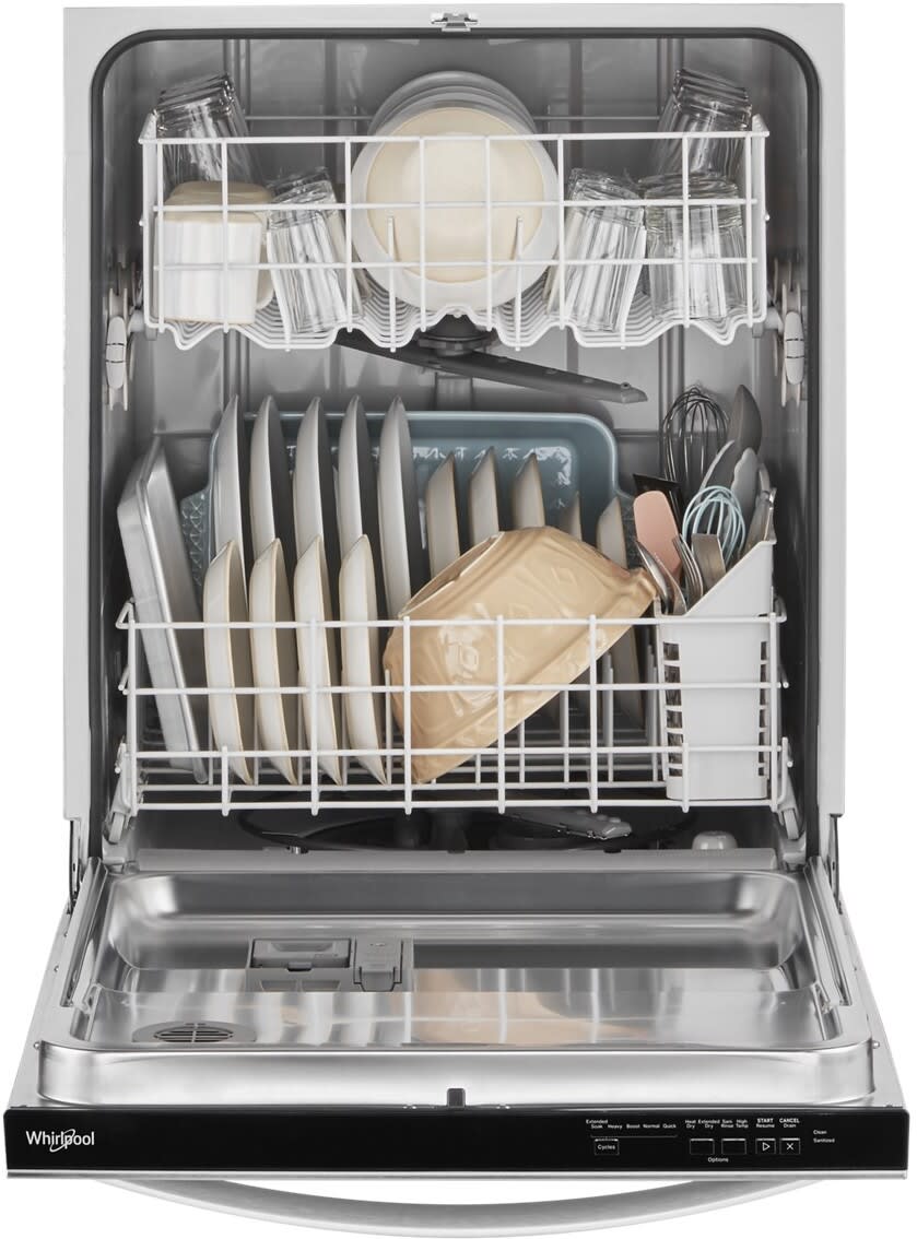 Whirlpool WDT531HAPM dishwasher open with racks loaded