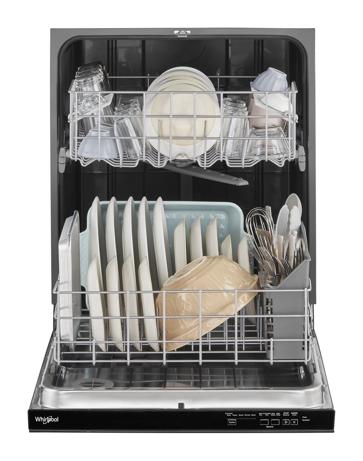 Whirlpool WDP540HAMB black dishwasher open