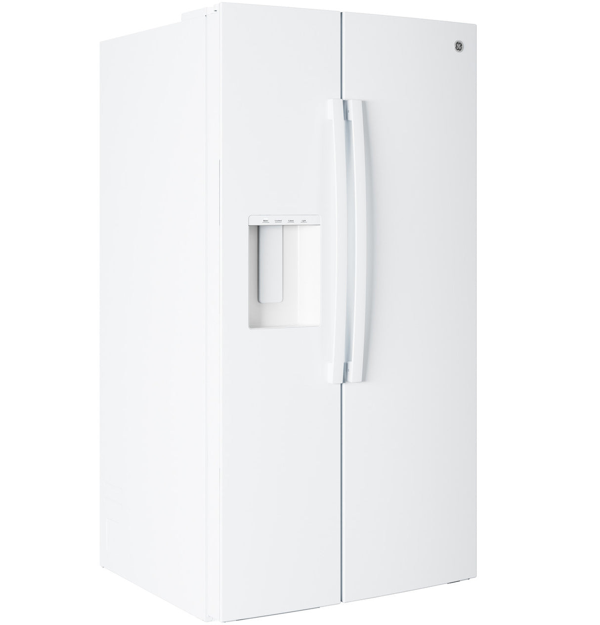 GE GSE28NGYWW refrigerator with both doors open showing shelving