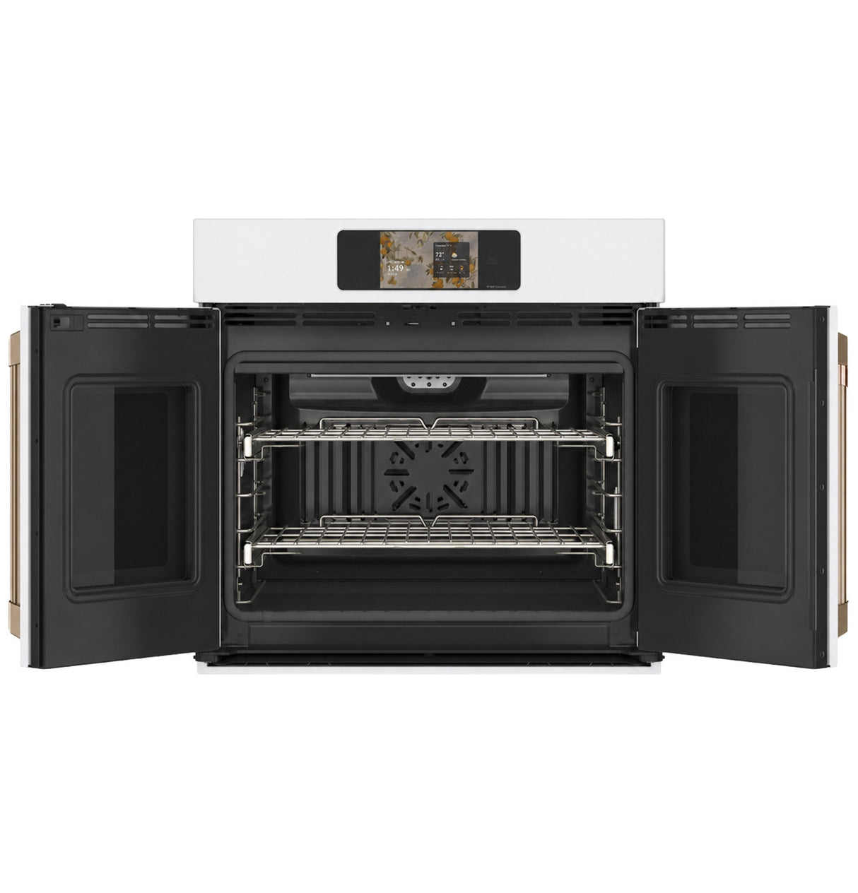 Café CTS90FP4ZW2 matte white French-door wall oven angled view