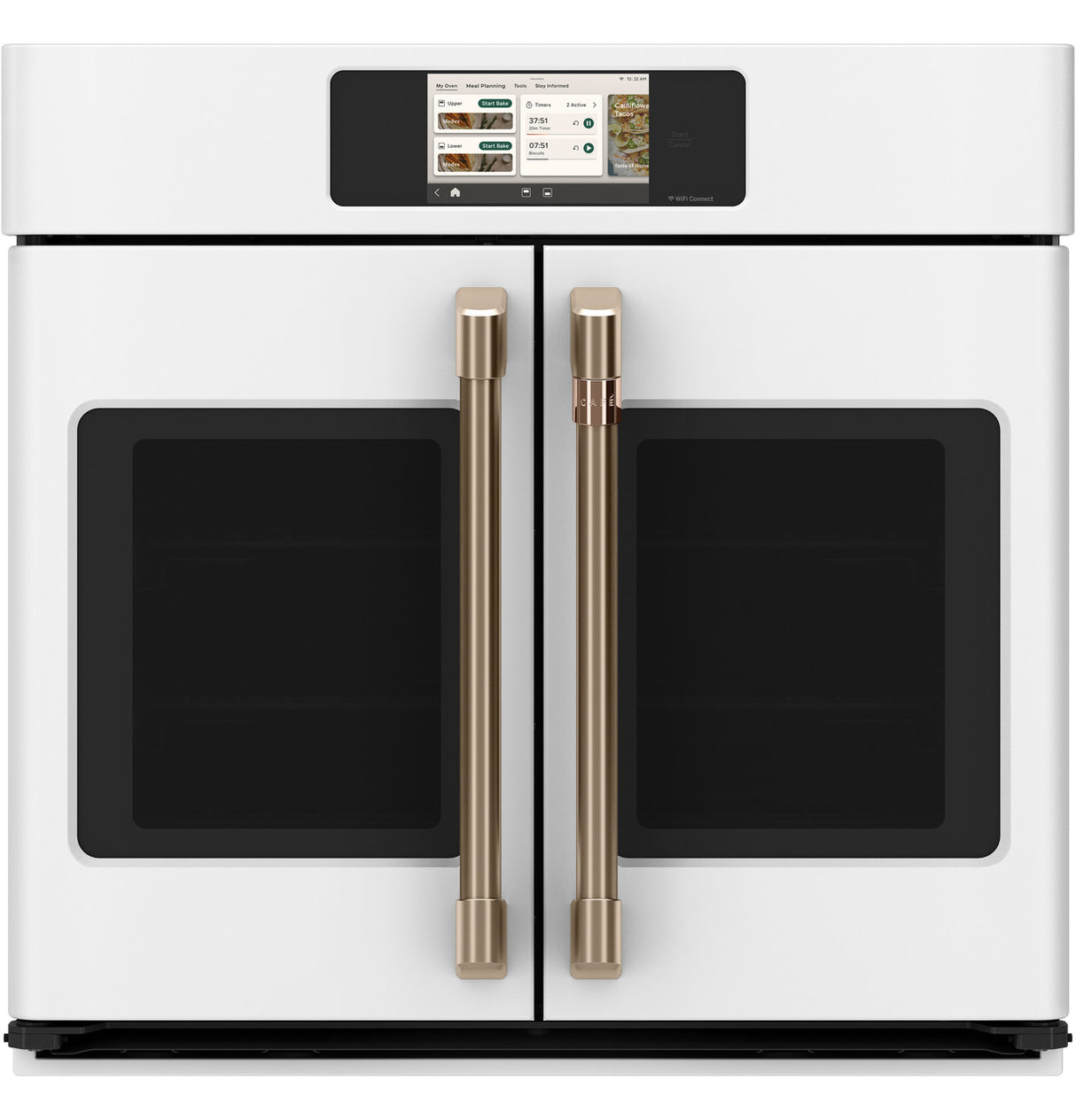 Café CTS90FP4ZW2 30 inch French-door single wall oven in matte white, front view