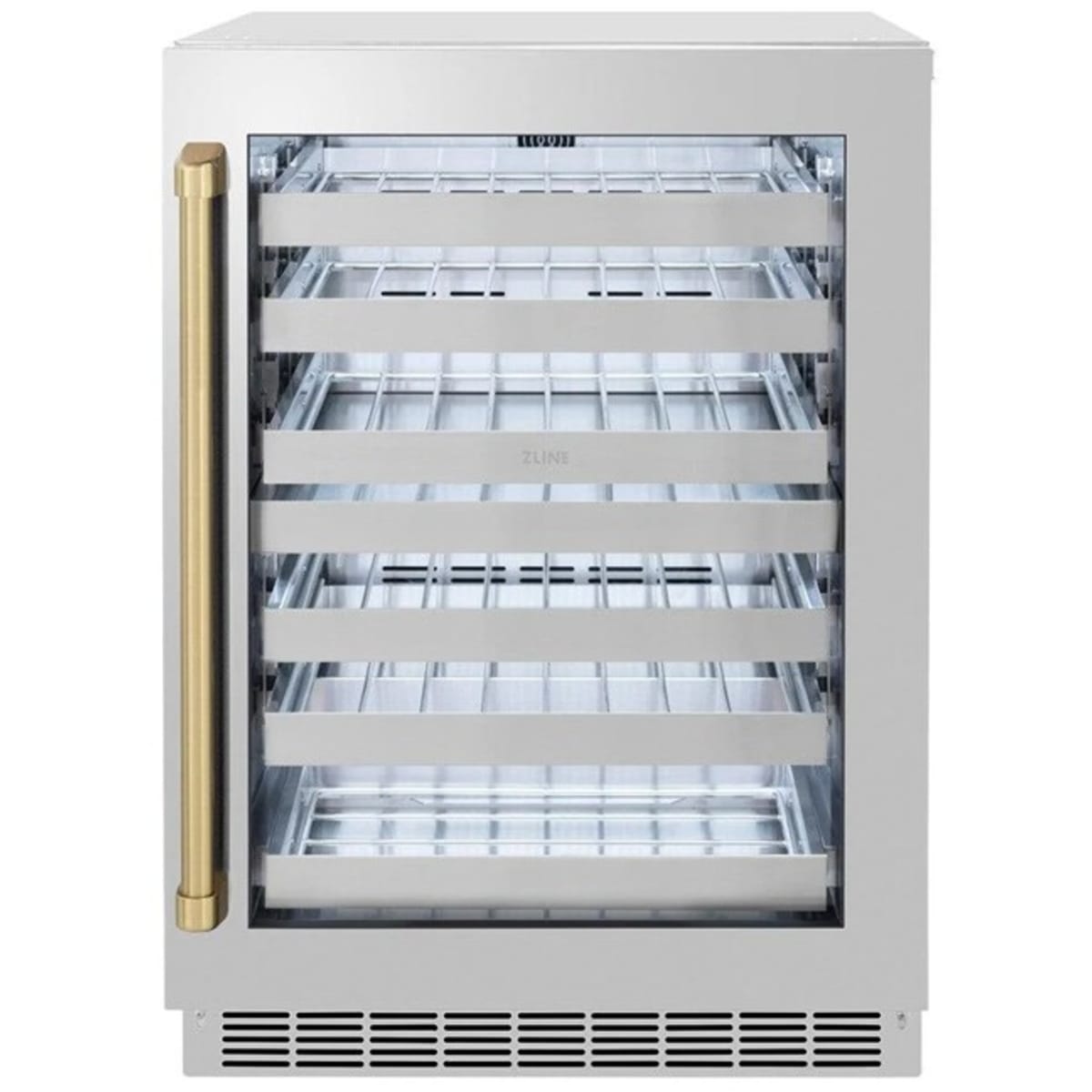 ZLINE Touchstone 24" Indoor/Outdoor Built-In Wine Cooler 44 Bottle Capacity Stainless Steel Glass Door & Chapagne Bronze Handle