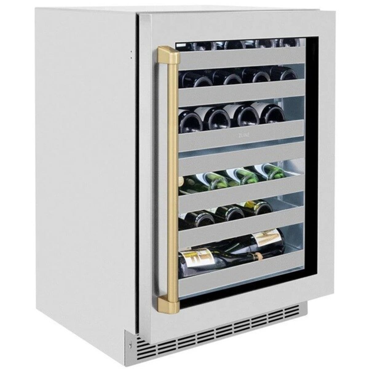 ZLINE Touchstone 24" Indoor/Outdoor Built-In Wine Cooler 44 Bottle Capacity Stainless Steel Glass Door & Chapagne Bronze Handle