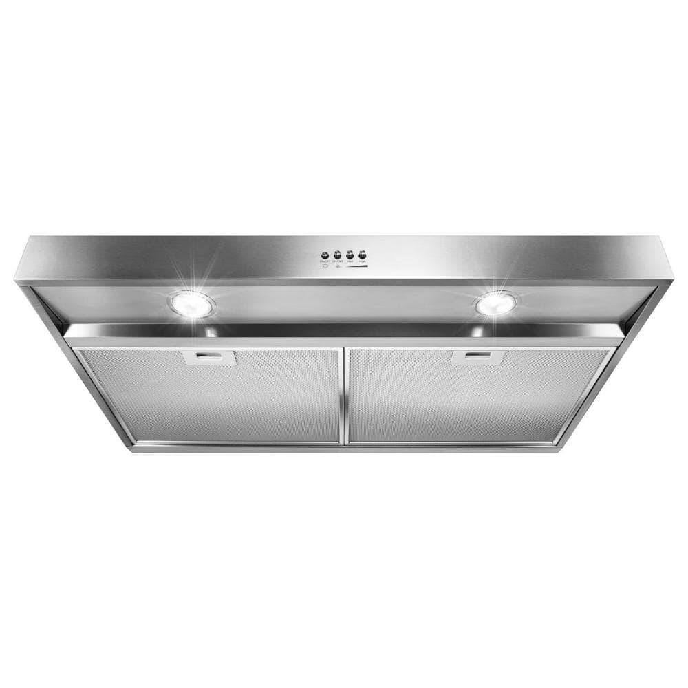 Whirlpool WVU37UC4FS stainless under-cabinet range hood angle