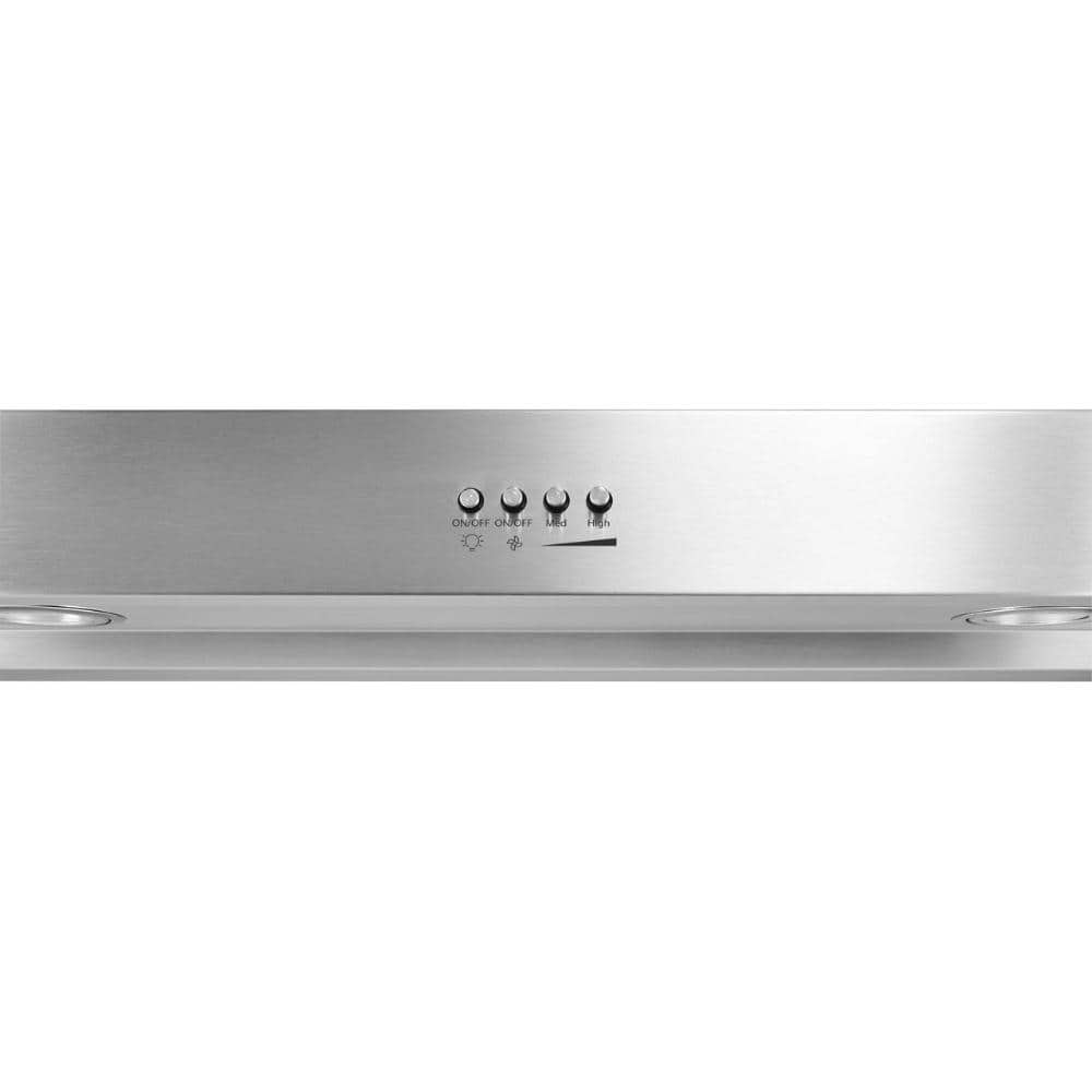 Whirlpool WVU37UC4FS stainless under-cabinet range hood detail