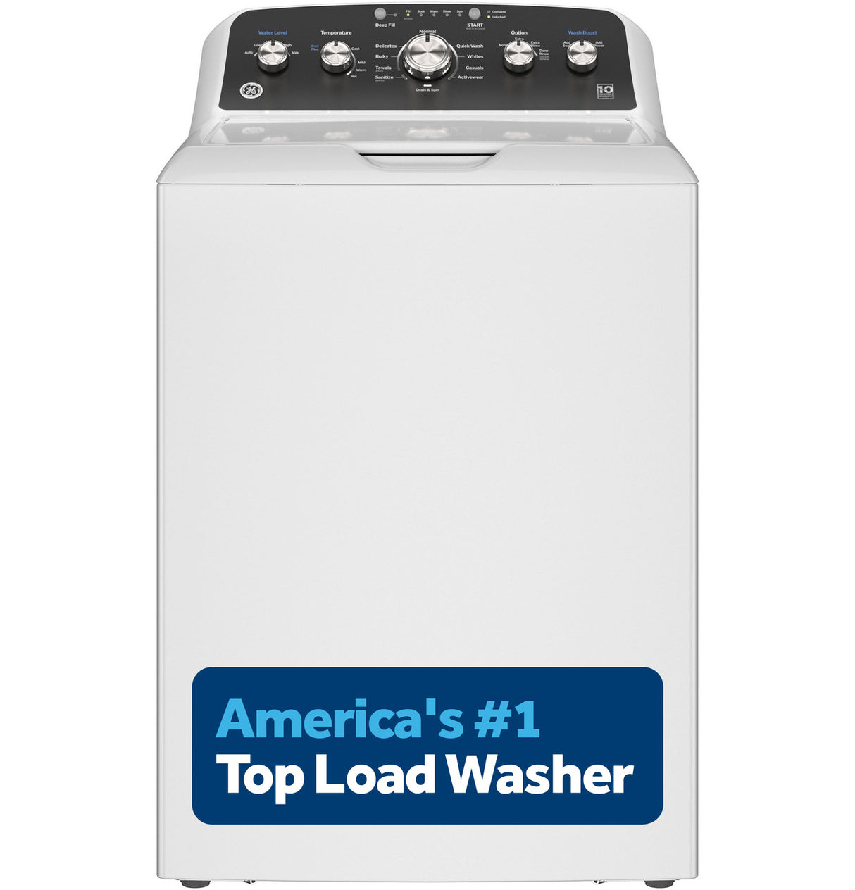 GE GTW485ASWWB white top load washer front view