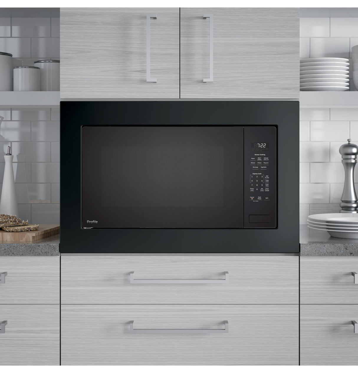 GE Profile PCWK22U1WBB built-in microwave - installed view