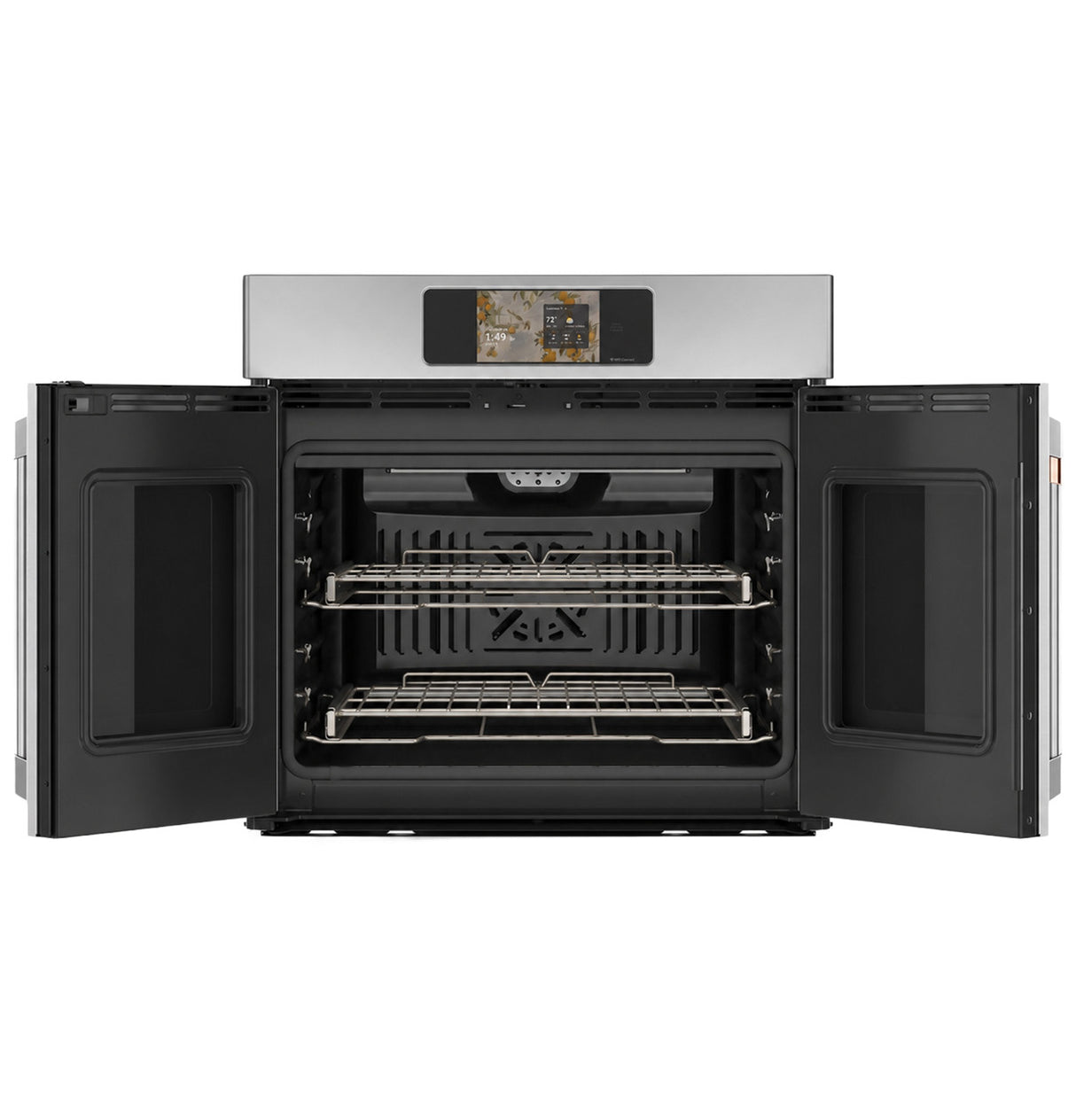 Café CTS90FP2ZS1 stainless steel French-door wall oven angled view