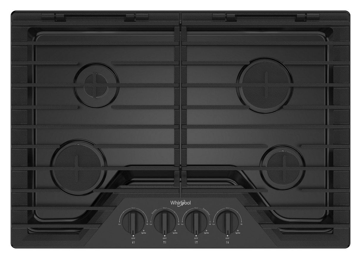 Whirlpool WCGK5030PB 30-inch gas cooktop in black, top view
