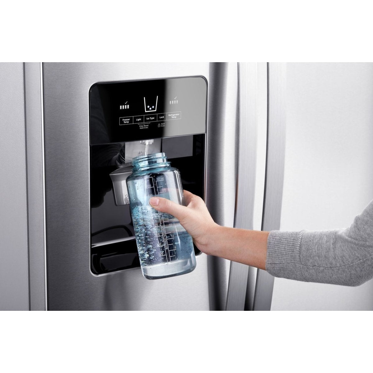 Whirlpool WRS325SDHZ 36 in. Side-by-Side Refrigerator - ice and water dispenser close-up | Varouj Appliances