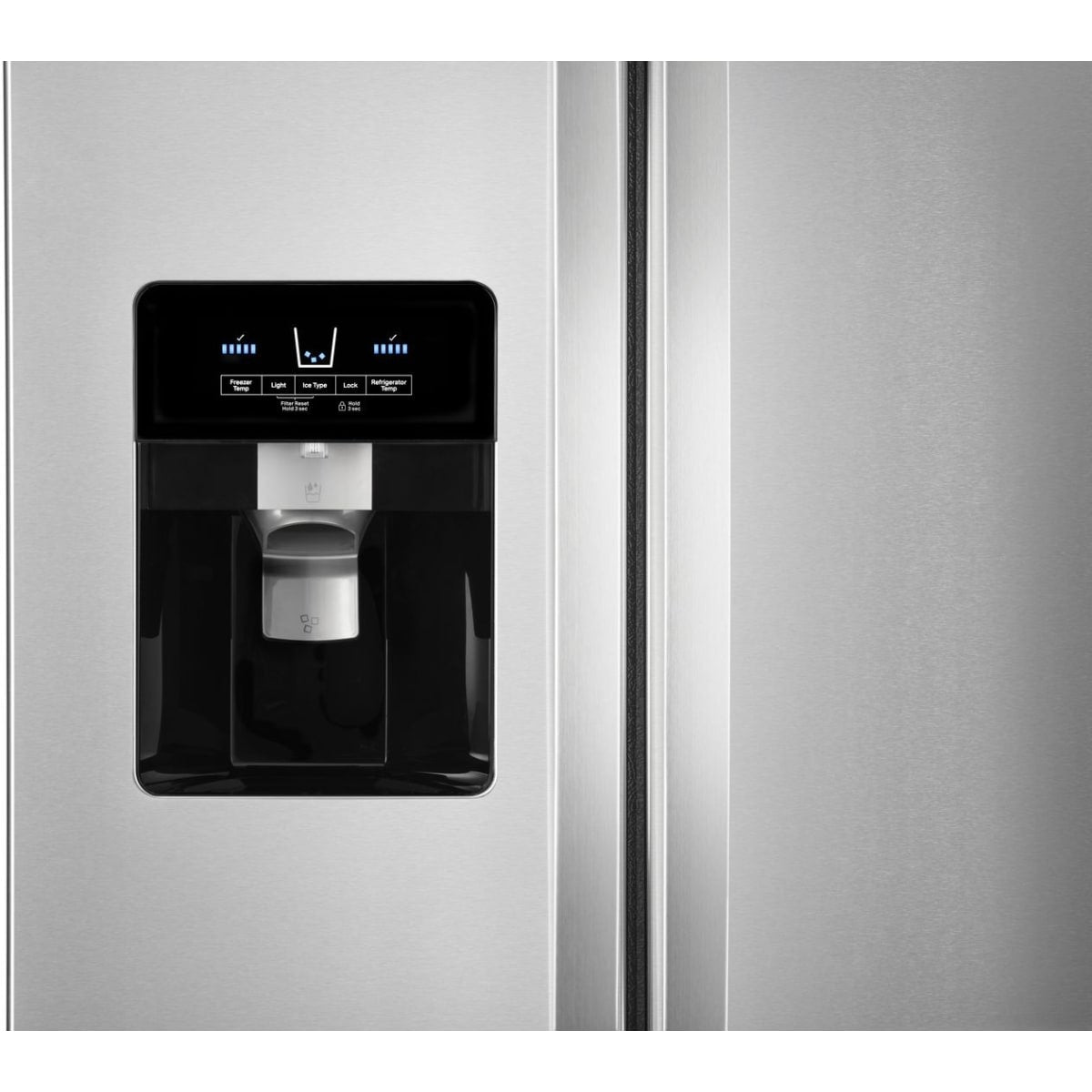 Whirlpool WRS325SDHZ 36 in. Side-by-Side Refrigerator - dispenser night-light detail | Varouj Appliances