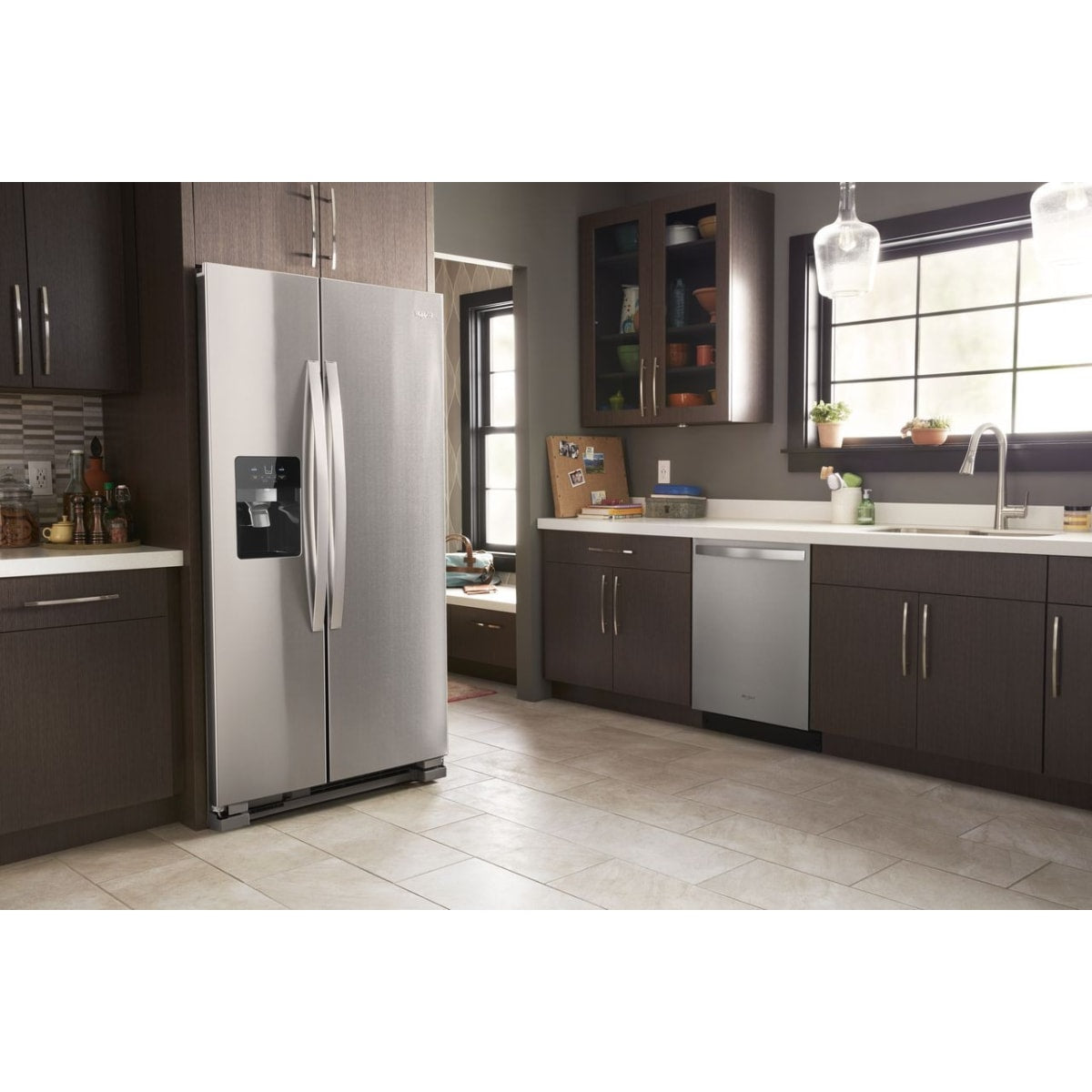 Whirlpool WRS325SDHZ 36 in. Side-by-Side Refrigerator - shown in a kitchen setting | Varouj Appliances