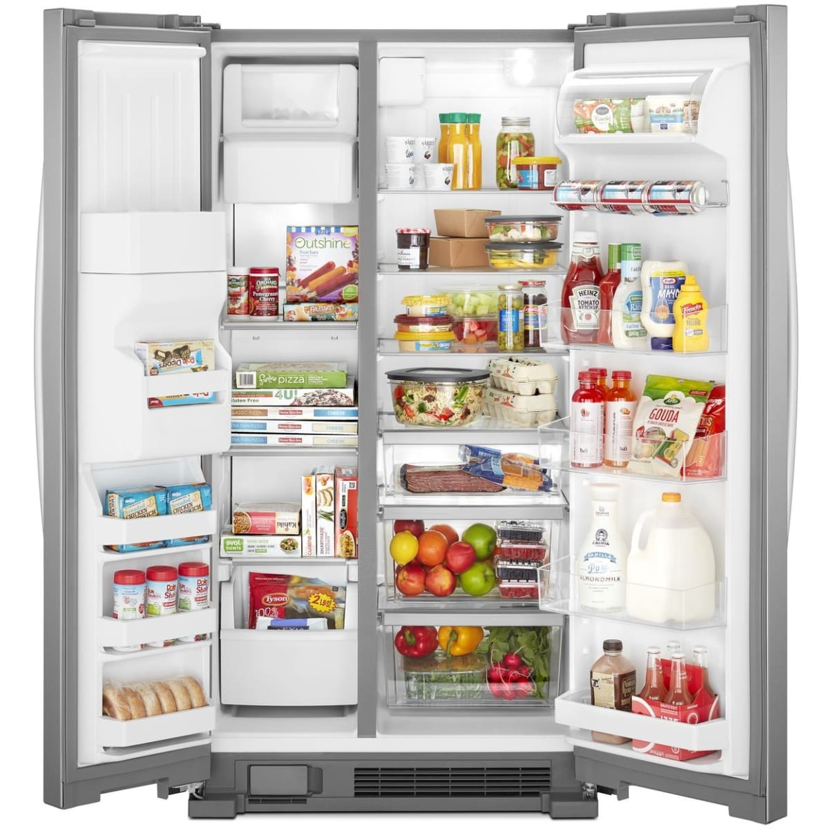 Whirlpool WRS325SDHZ 36 in. Side-by-Side Refrigerator - interior shelving with doors open | Varouj Appliances
