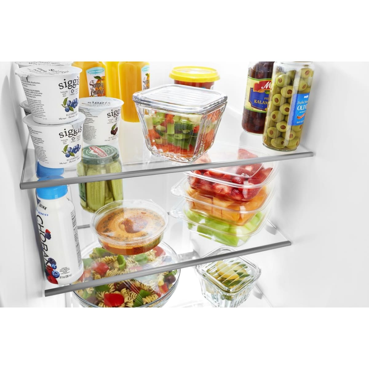 Whirlpool WRS325SDHZ 36 in. Side-by-Side Refrigerator - frameless glass shelves close-up | Varouj Appliances