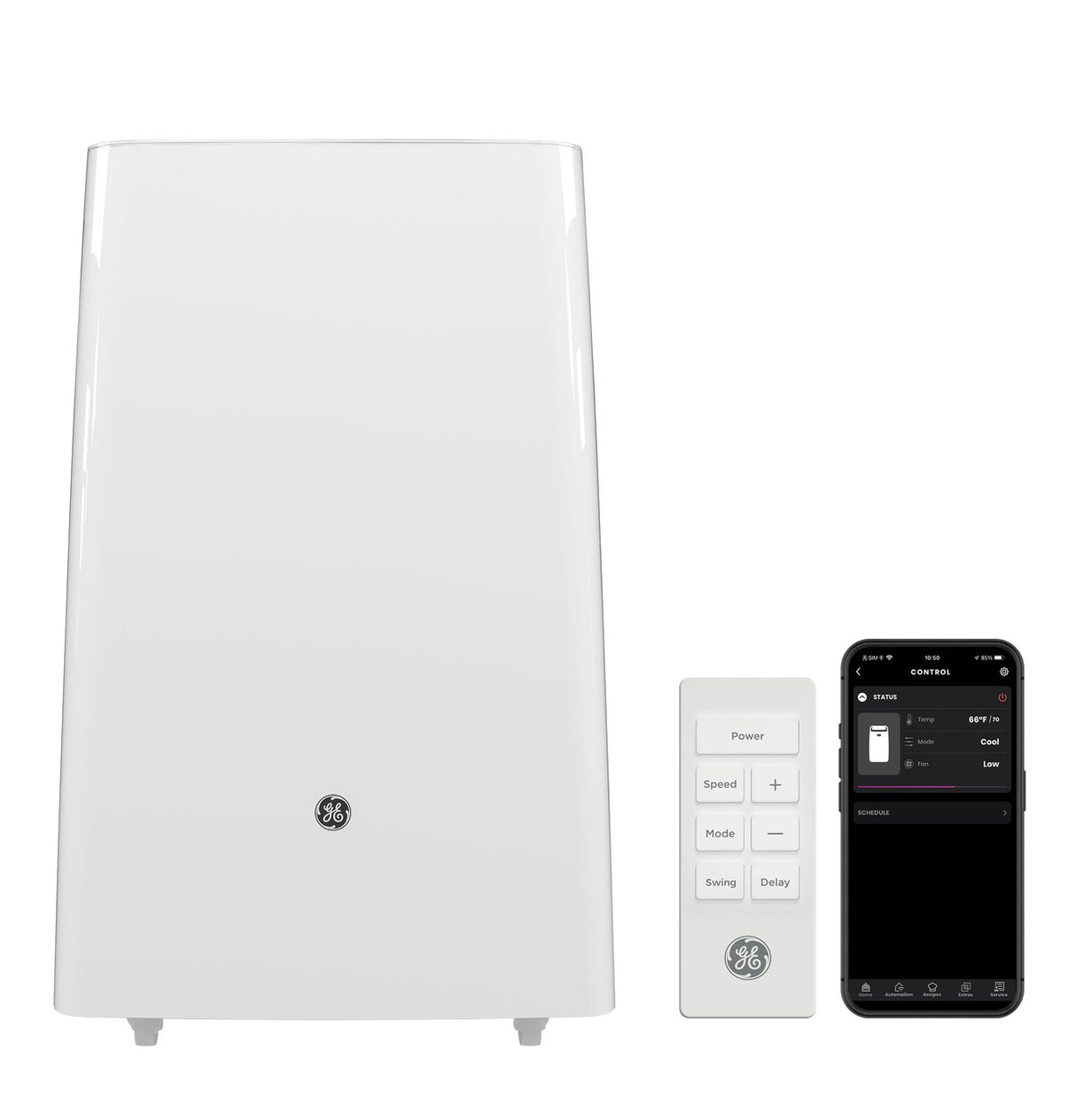 GE 8,000 BTU DOE SACC Smart Portable Air Conditioner with WiFi and Dehumidifier, Medium Rooms up to 350 sq. ft., White