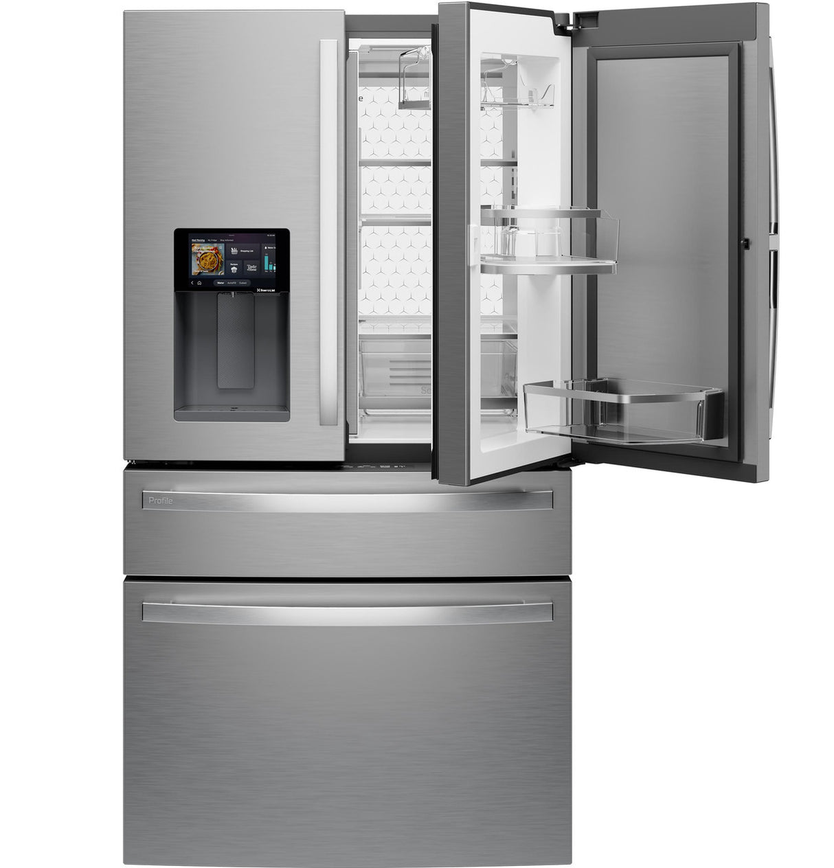 GE Profile refrigerator with French doors open