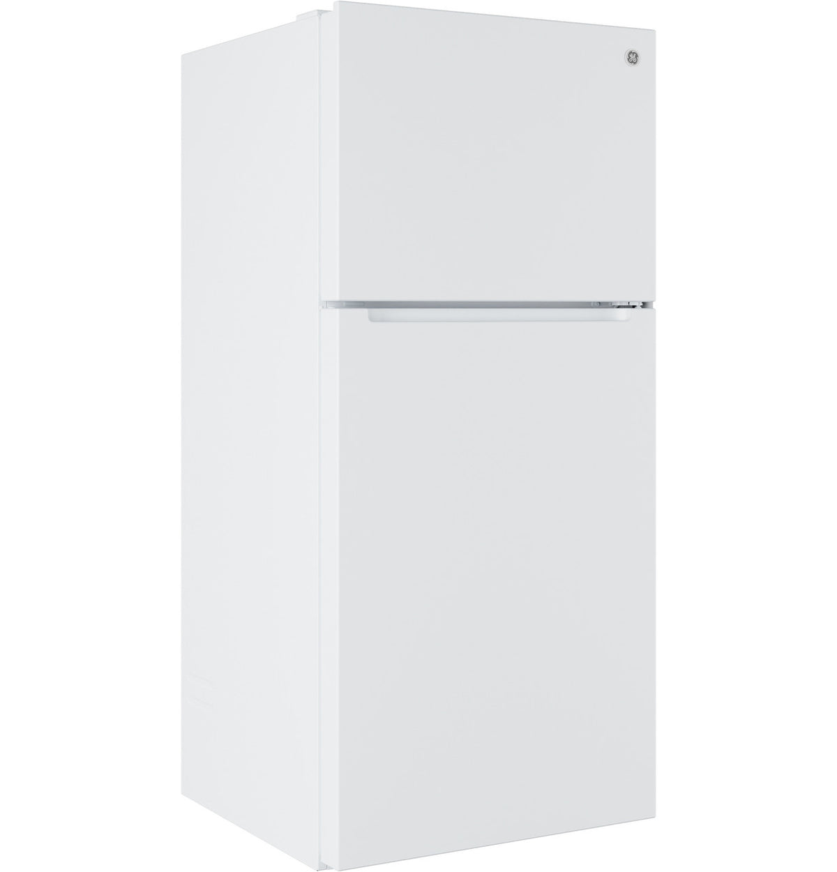 GE GPS19KGZWW white top-freezer refrigerator angled view