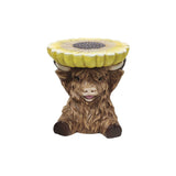 Highland Cow Stool With Sunflower Top, Animal Figurine Seat, Indoor Outdoor Decor - Apricot Brown