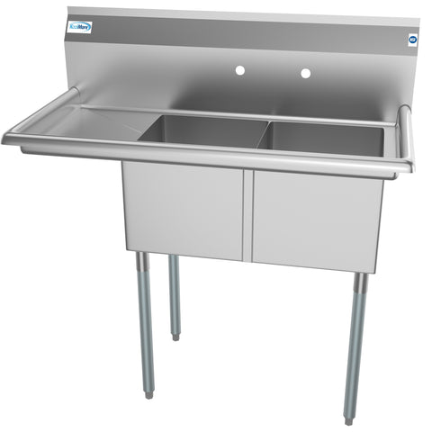 43 in. Two Compartment Stainless Steel Commercial Sink with Drainboard, Bowl Size 14"x 16"x 11" SB141611-12L3.