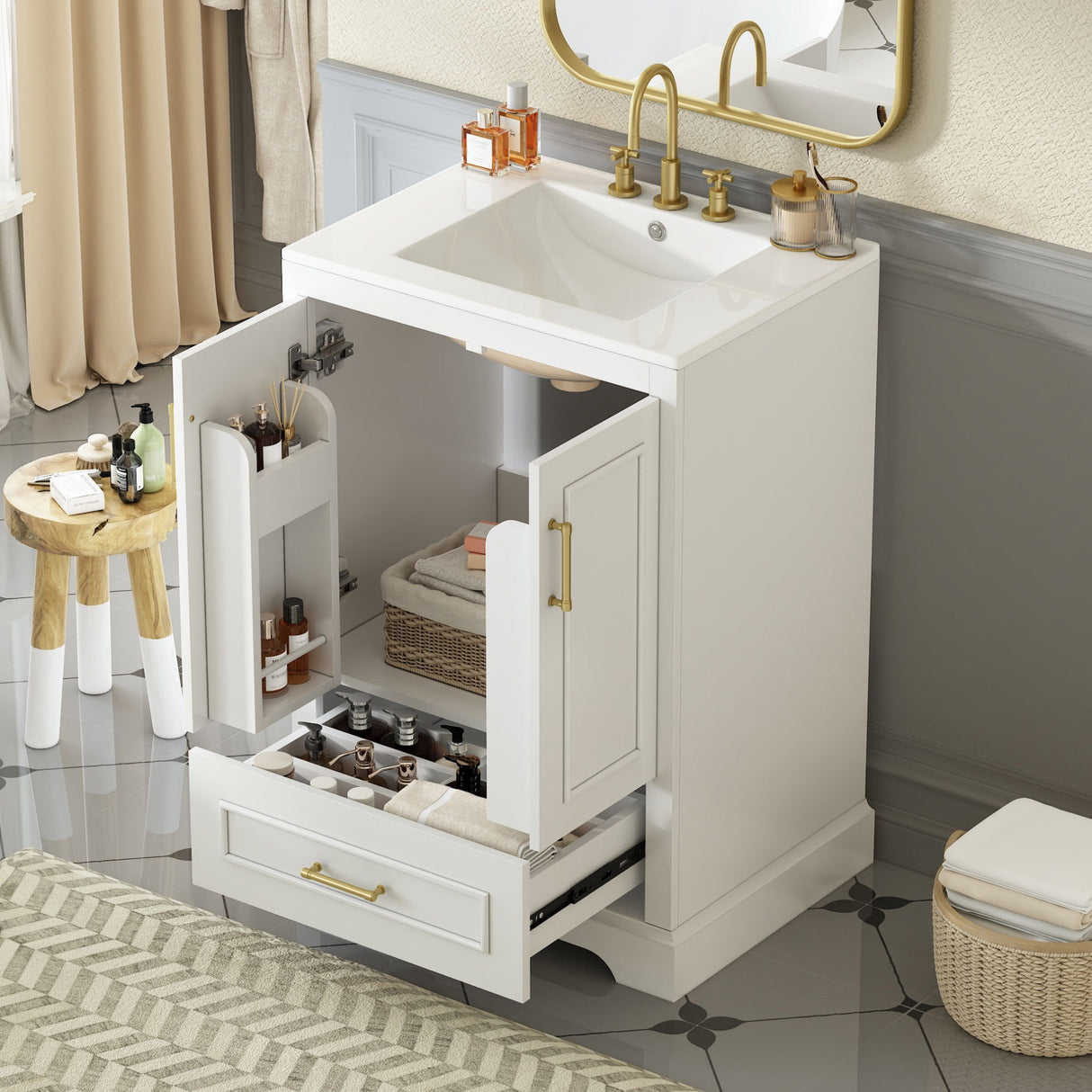 Bathroom Vanity With Sink, 1 Divided Drawer And 2 Soft Close Doors With Double Shelf