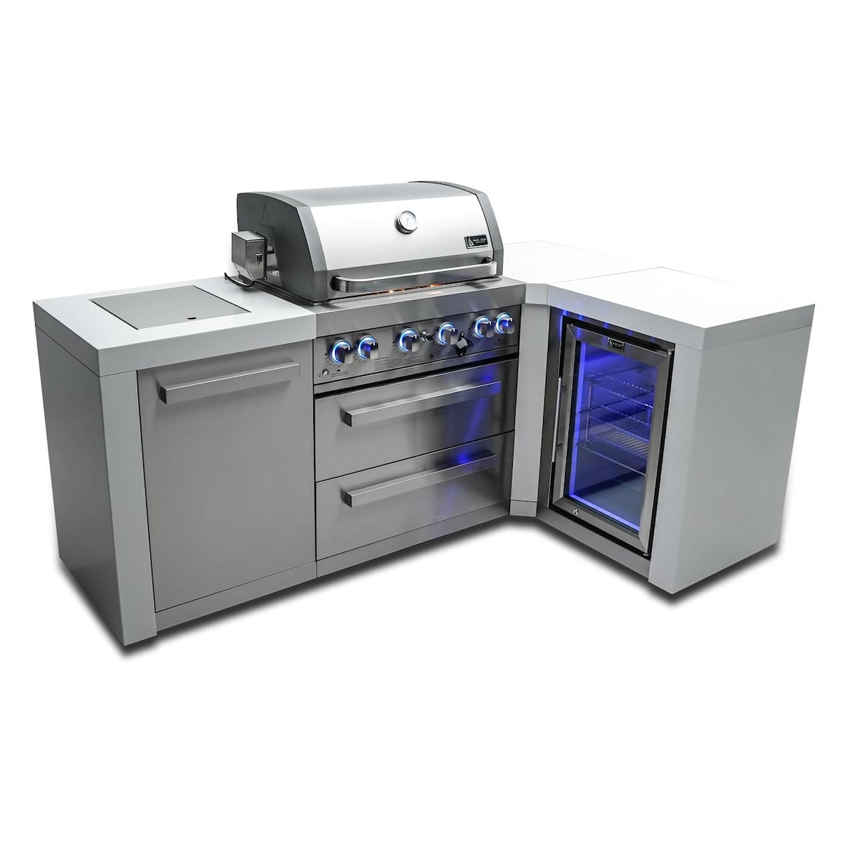 Mont Alpi Deluxe Series 7.5 Ft L-Shaped Propane Outdoor Kitchen Island w/ Side Burner & Fridge - MAi400-D90FC