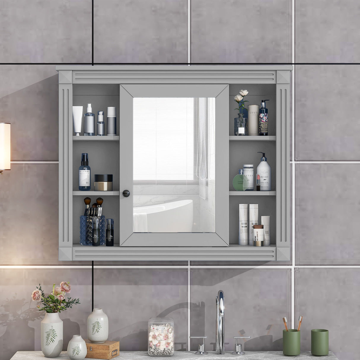 Wall Mounted Bathroom Storage Cabinet With Mirror, Cabinet With 6 Open Shelves And Adjustable Interior