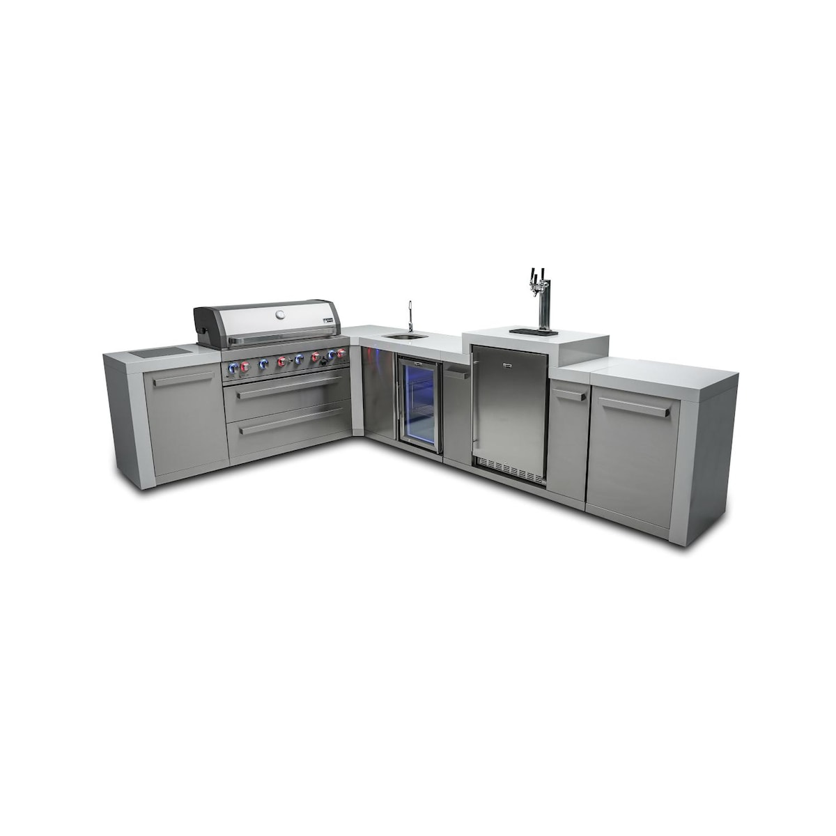 Mont Alpi 11.5 Ft L-Shaped Propane Outdoor Kitchen Island w/ Side Burner, Beverage Center & Kegerator - MAi805-D90KEGBEV