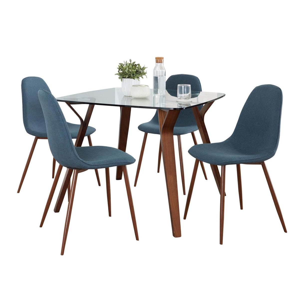 Folia - Square Pebble Mid-Century Modern 5 Piece Dining Room Set - Walnut Wood, Square Clear Tempered Glass, Walnut Metal And Blue Fabric