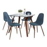 Folia - Square Pebble Mid-Century Modern 5 Piece Dining Room Set - Walnut Wood, Square Clear Tempered Glass, Walnut Metal And Blue Fabric