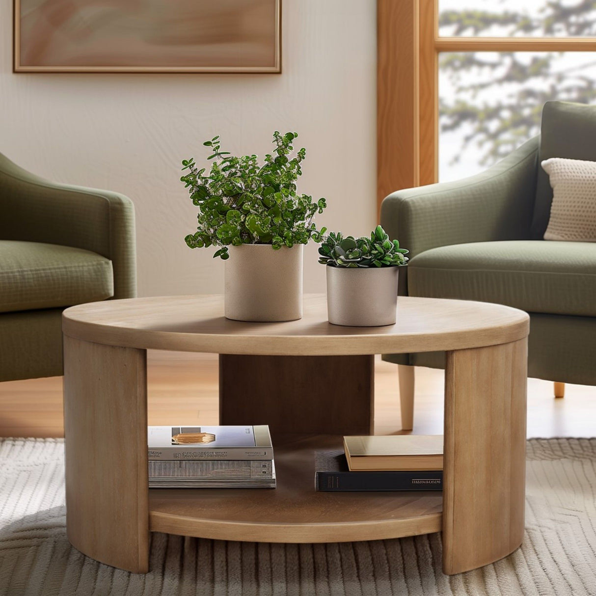 Minimalist Round Coffee Table With Shelf Storage - Natural