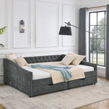 Queen Size Upholstered Daybed With Tufted Back And Nail Trimmed Waved Arms - Gray
