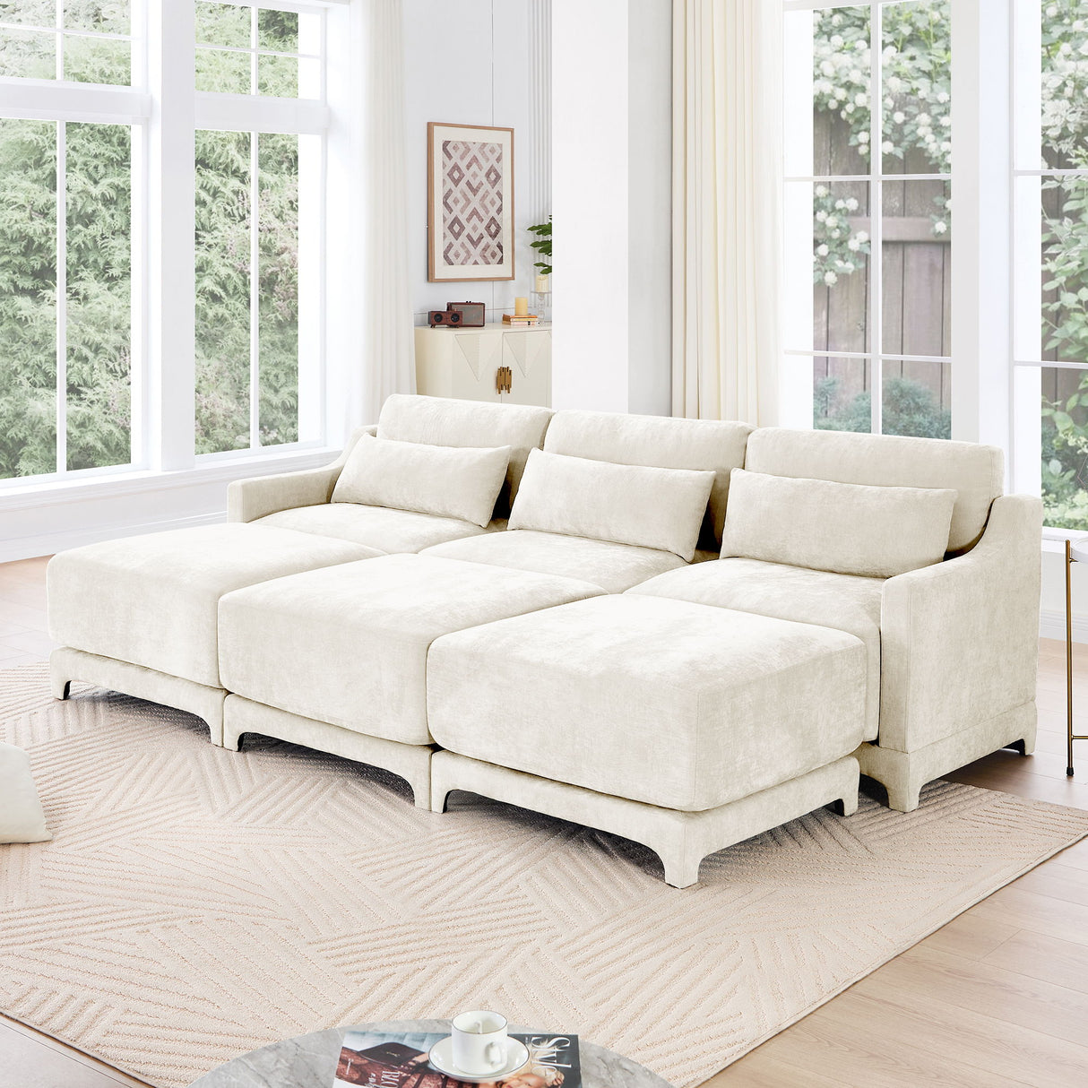 Stylish Sofa With Ottoman And Lumbar Pillows, Ergonomic Design