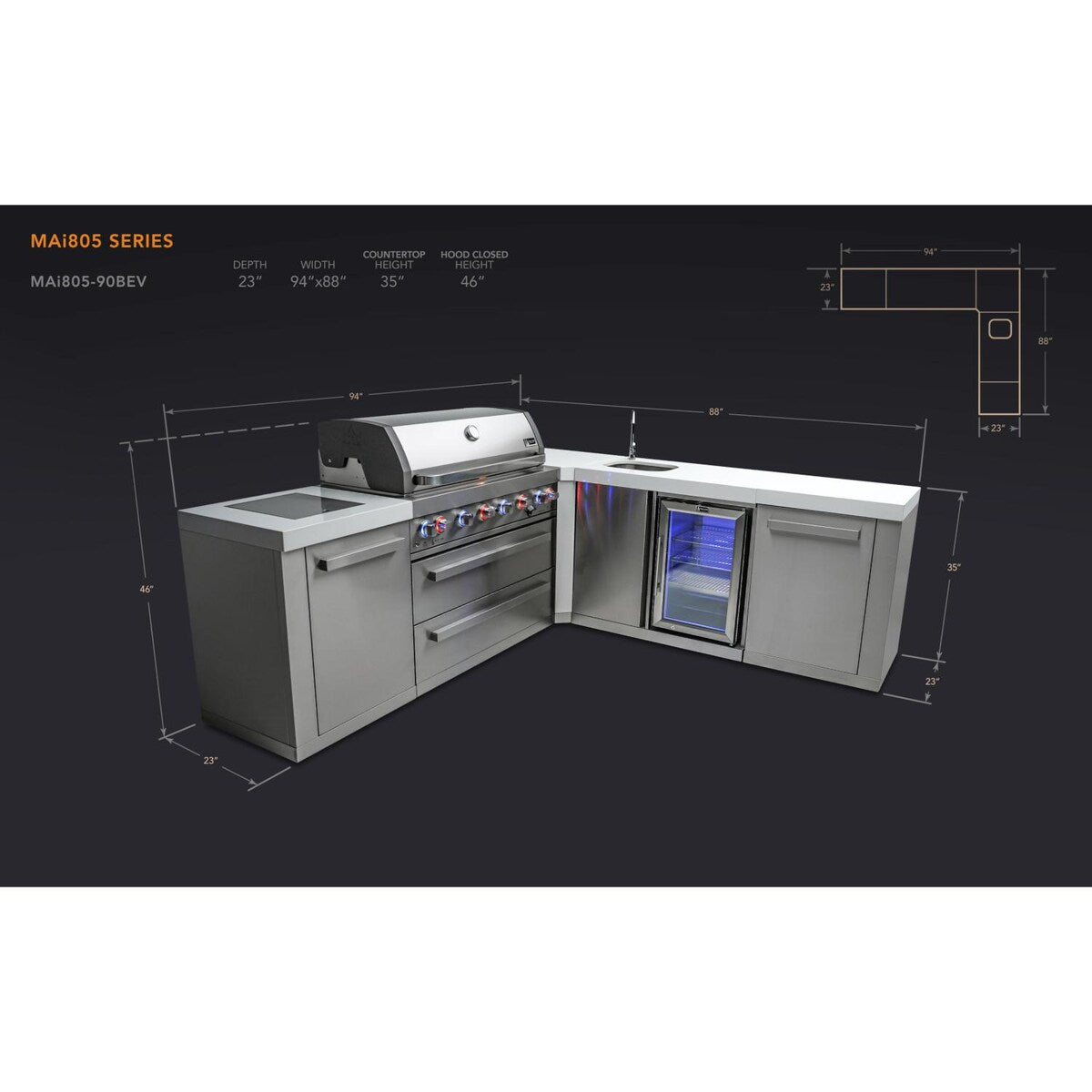 Mont Alpi Original Series 8 Ft L-Shaped Propane Outdoor Kitchen Island w/ Side Burner & Beverage Center - MAi805-90BEV