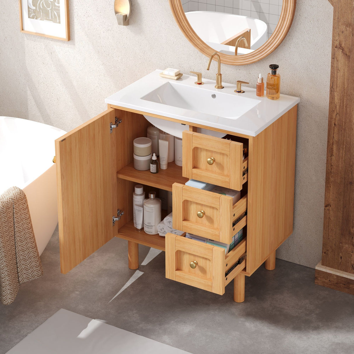Bathroom Vanity With Sink, 3 Drawers, Soft Close Door - Natural Wood