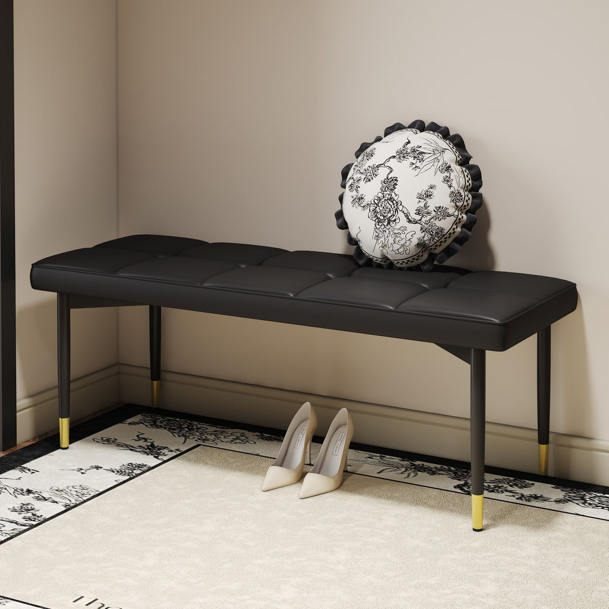 Multifunctional Shoe Bench, Sturdy Metal Legs With Gold Accents - Black