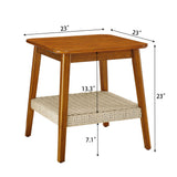 Mid - Century Square Side Table With Woven Shelf - Walnut
