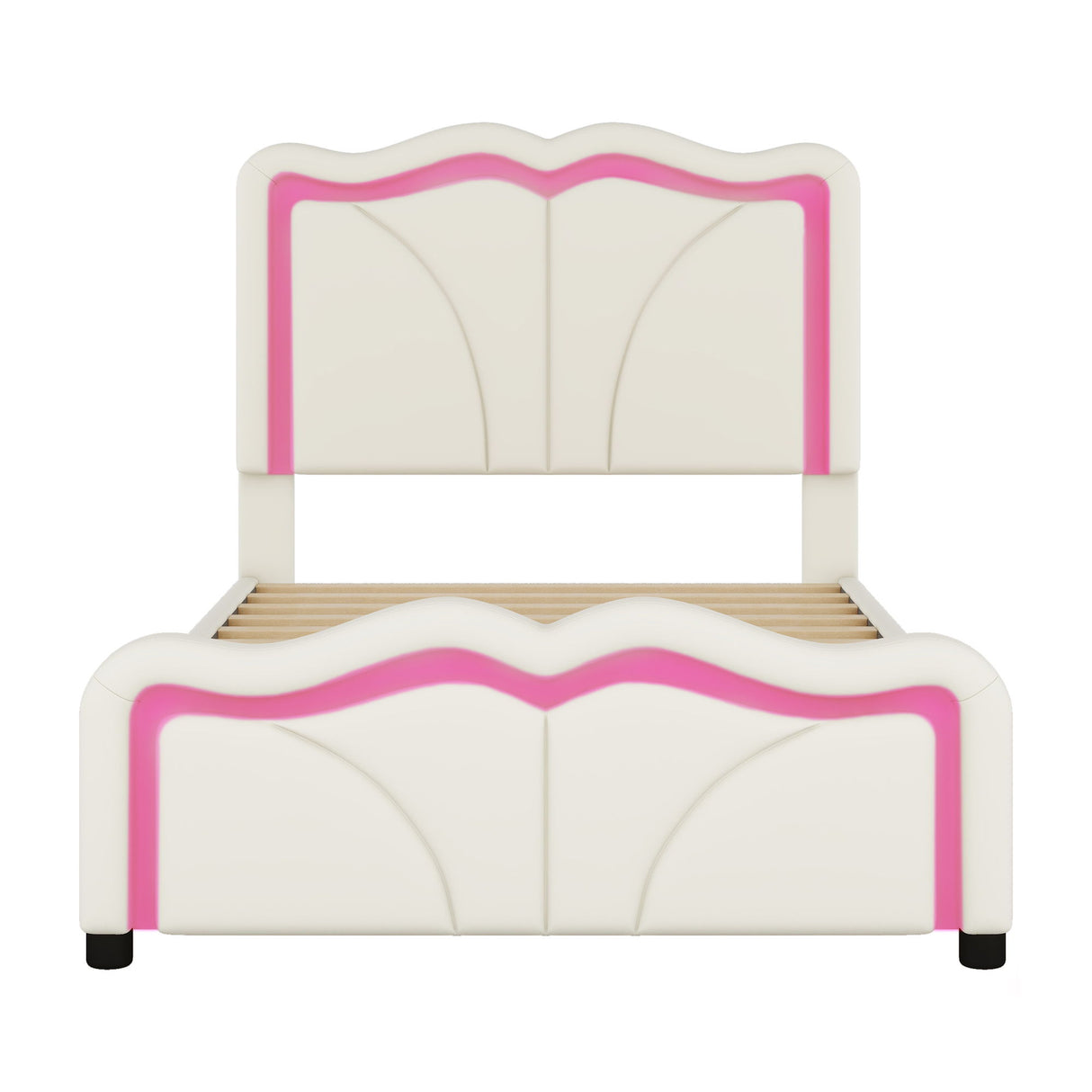 Upholstered Platform Bed & Curve Shaped And Height Adjustable Headboard, LED Light Strips