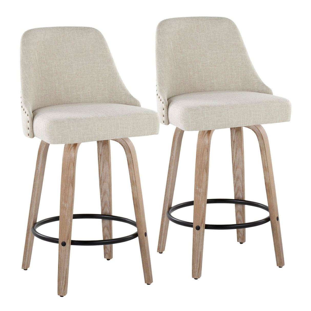 Marcel - 27" Fixed-Height Counter Stool With Swivel And Round Black Metal Footrest (Set of 2) - Whitewashed Wood And Cream Fabric With Brass Nailhead Trim