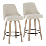 Marcel - 27" Fixed-Height Counter Stool With Swivel And Round Black Metal Footrest (Set of 2) - Whitewashed Wood And Cream Fabric With Brass Nailhead Trim