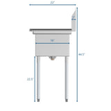 31 in. One Compartment Stainless Steel Commercial Sink with Drainboard, Bowl Size 12"x 16"x 10" SA121610-16L3.