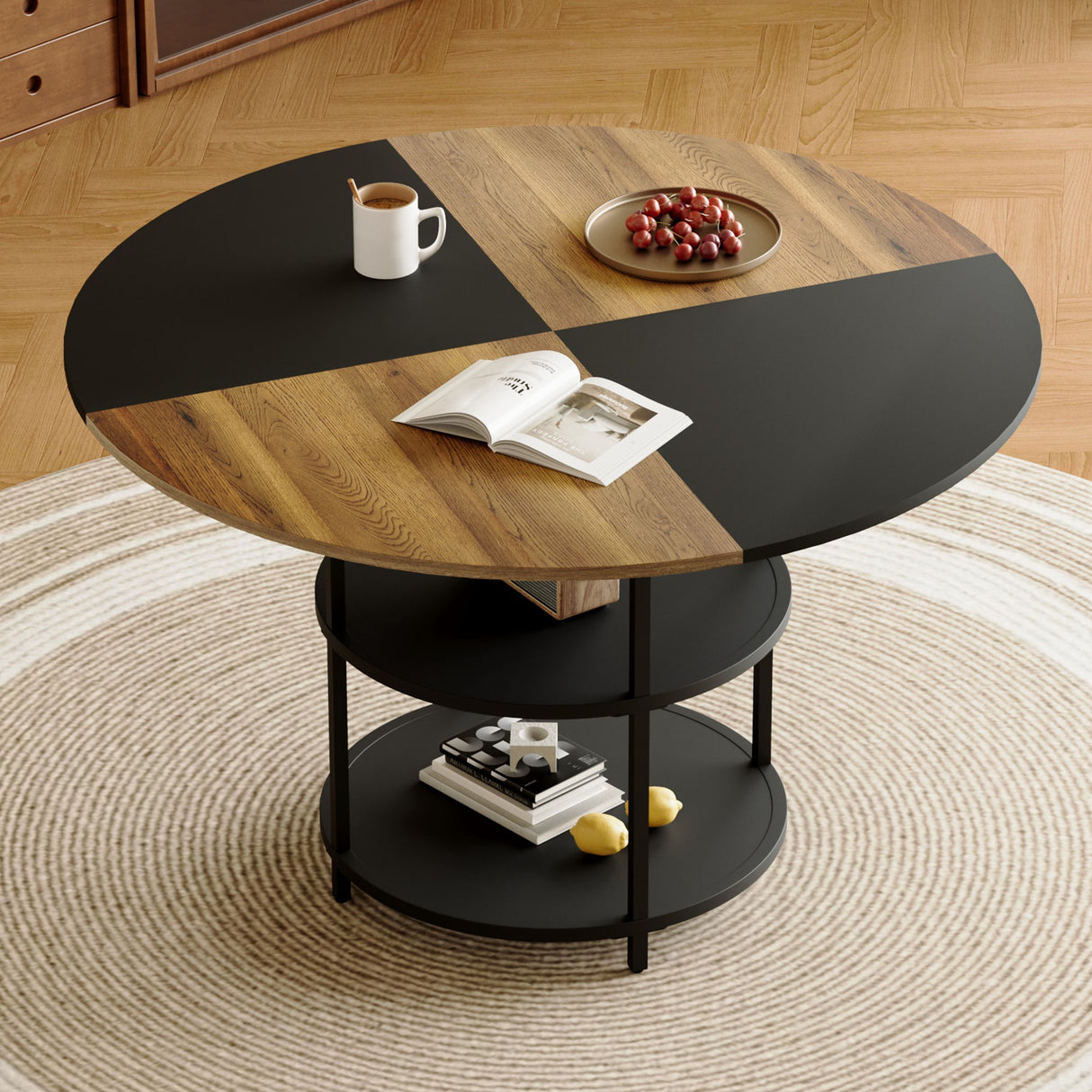 Diameter - Modern Splicing Circular Dining Table Double Layer Storage - Wood / Black